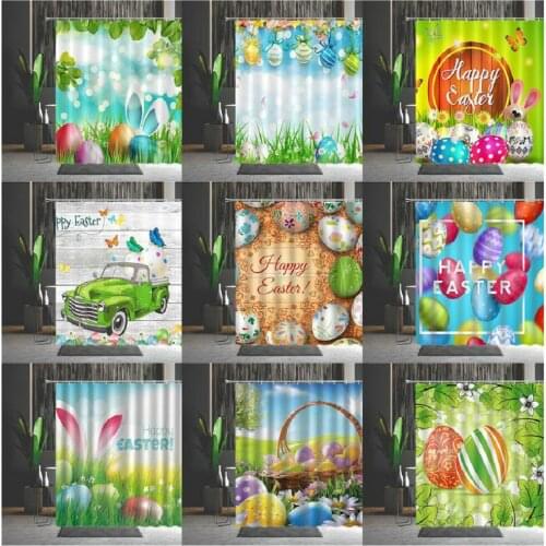 Easter Shower Curtains Easter Eggs Lovely Rabbit Rabbit Ears Butterflys Printing Car Flower Basket Lawn Pattern Bath Curtain