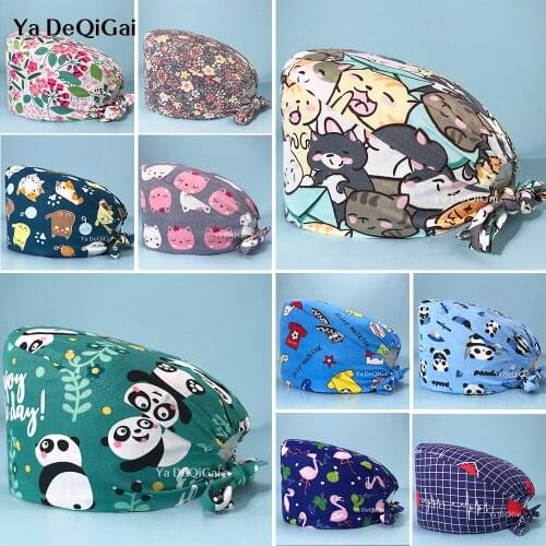 Cartoon print Dust-proof scrubs cap Tooth Beauty studio work hat with Sweat towel Health check scrub hat women and men wholesale