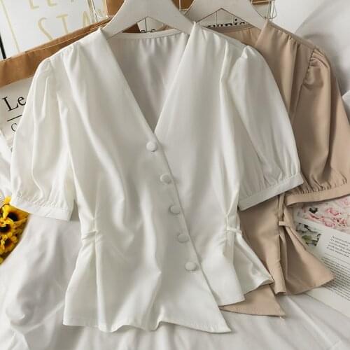 French Niche Irregular V-neck Button Short Shirt Short-sleeved Shirt Womens Waist Slimming Puff Sleeve Short-sleeved Shirt Top