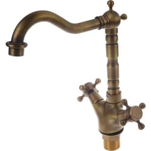 Two Handle Antique Brass Kitchen Sink Faucet with Swivel Spout, Antique Brass