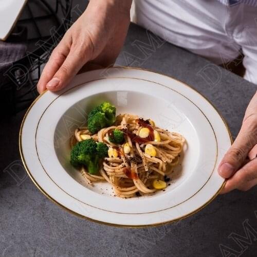 Golden Stroke Ceramics Plate Bone China Western Steak Pasta Plates Fruit Salad Dish Restaurant Serving Tray Kitchen Utensils