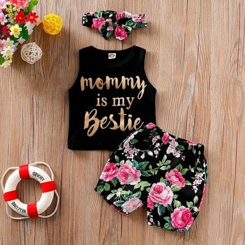 TELOTUNY Childrens clothing Toddler Baby Girl Sleeveless Letter Printing Vest Tops+Floral Print Shorts+Headbands Set Outfit Jun