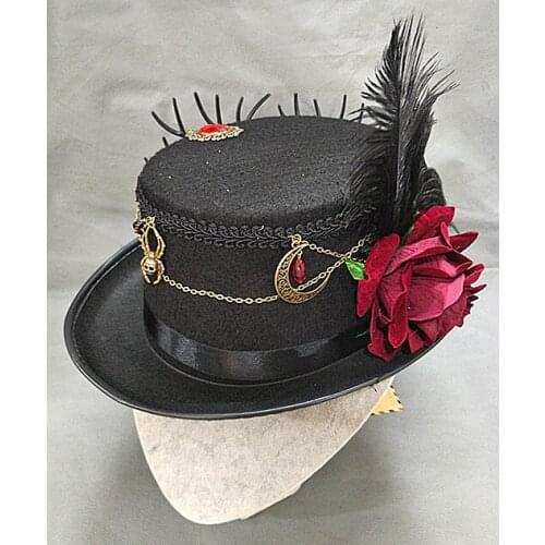 Vintage Rose Feather Fedoras Cap Steampunk Top Hat Rhinestone Chain Feather Fascinator Hat European Holiday Party Headwear
