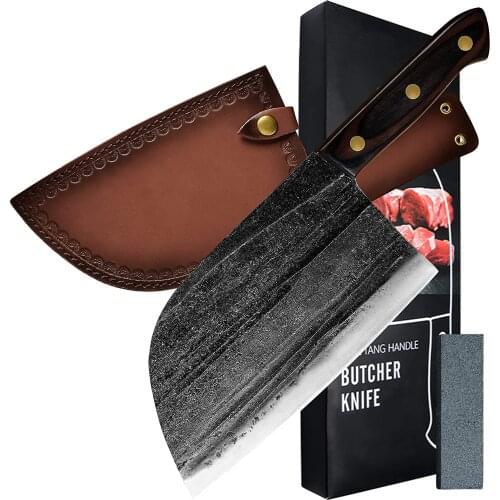 XYj Full Tang 8-inch Serbian Butcher Knife Cleaver Chef Knives High Carbon Steel Cooking Knife With Leather Sheath&Whetstone Set