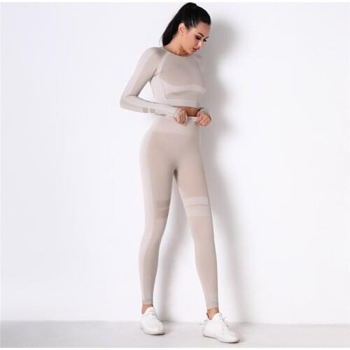 2 Pcs Women Sportswear Gym Sets Energy Seamless Yoga Suits High Waist Leggings+Long Sleeve Shirts Tracksuits Sports Running Sets