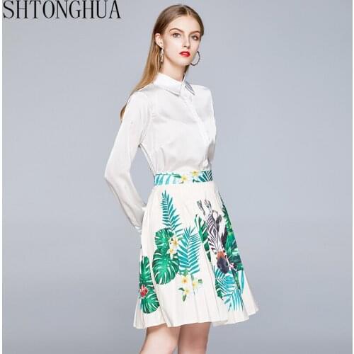 Fashion Women Elegant Set 2020 Summer Turn Down Collar White Blouse + High Waist Floral Print Pleated A-Line Skirt 2 piece Set