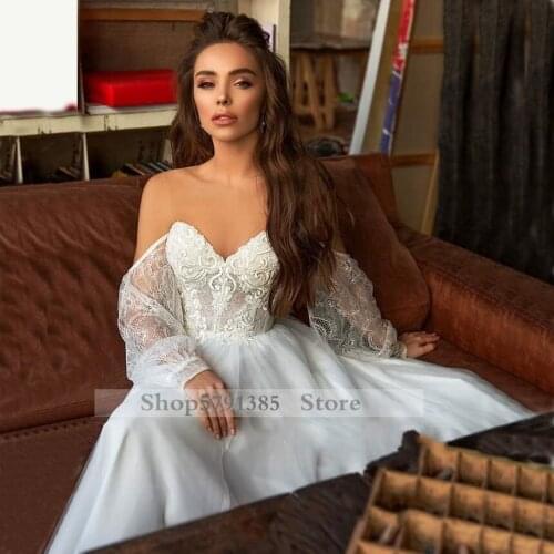Sweetheart Wedding Dress Puff Sleeve Boho Bride Dresses Nude Tulle Wedding Gowns Lace Appliques Vestido de novia