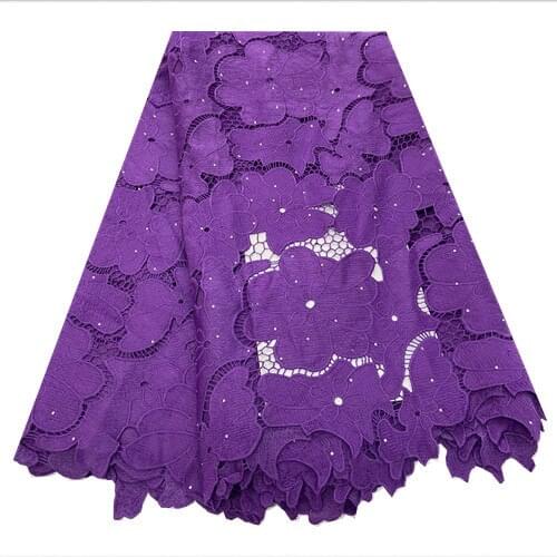 2020 latest flower design purple cord lace fabric rhinestone guipure embroidery mesh cotton blue material for sewing KRL-1209