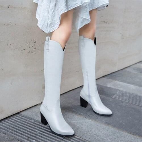 2021 New Fashion Women Knight Boots Square Low Heel High Quality Women Boots Pointed Toe Knee-high Western Boots