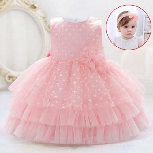 2021 WIth Headband Ceremony Gown Baptism 1st Birthday Dress For Baby Girl Clothing Flower Princess Dresses Lace Party Tutu Dress