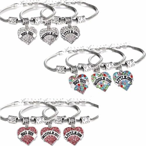 3PC/Set Love Beads Colorful Crystal Heart Charms Big Middle Little Sis Sister Bracelet Family Gifts Women Friends Bangle Jewelry