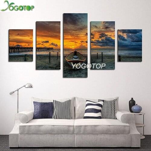 DIY Diamond Painting 5 Panel Sunset Seascape And Boat 5D Full Drill mosaic Diamond Embroidery Handcraft Kit Home decor ML1035