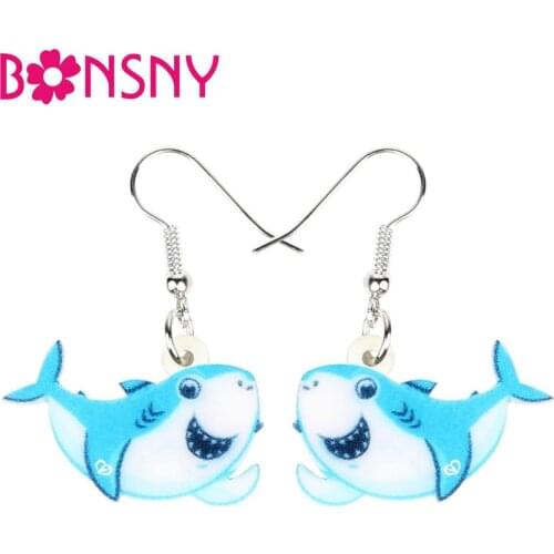 Bonsny Acrylic Happy Blue Shark Fish Earrings Drop Dangle Cute Ocean Sea Animal Jewelry For Women Teen Girl Charm Gift Accessory