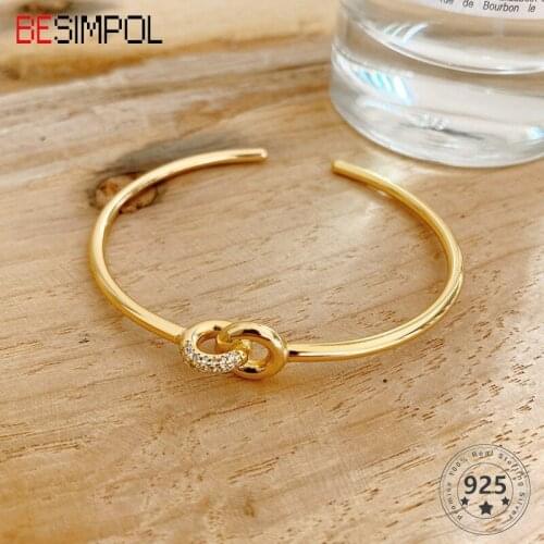 Besimpol 100% Real 925 Sterling Silver Bracelets Korean Style Interlocking Cuff Bangle Bracelet for Women Luxury Fine Jewelry
