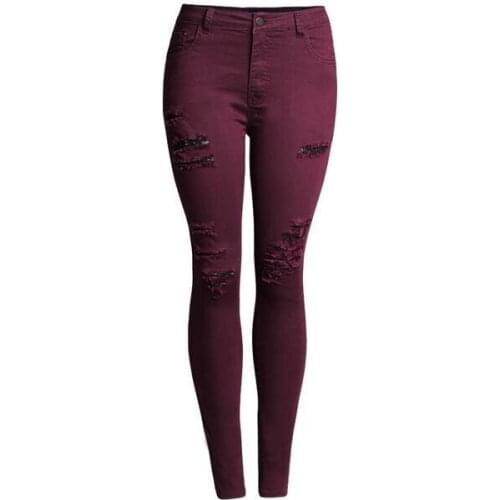 New Arrival Burgundy Woman Denim Pencil Pants Top Brand Ripped Stretch Jeans High Waist Pants Women High Waist Jeans