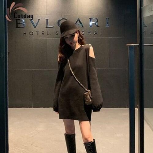 Cotday Sexy Off Shoulder Streetwear Knitted Button Vintage Black Women Femme Knitting Autumn Pullovers Sweater Dress