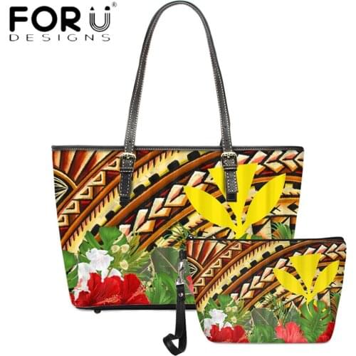 FORUDESIGNS Harajuku 2pcs Women Shopper Handbag Set Hawaiian Style Polynesian Flower Design Print PU Purse Leather Shoulder Sac
