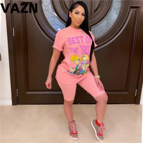 VAZN 2020 Hot Summer Short Sleeve Cartoon Print Loose Sets Lady Women Casual O-neck Sexy Outfit Two Pieces Set