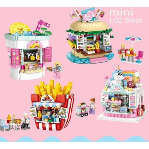 LOZ mini diamond building block Amusement Park city street view Dessert cake Cold drinks Fries shop Hamburg store bricks toys