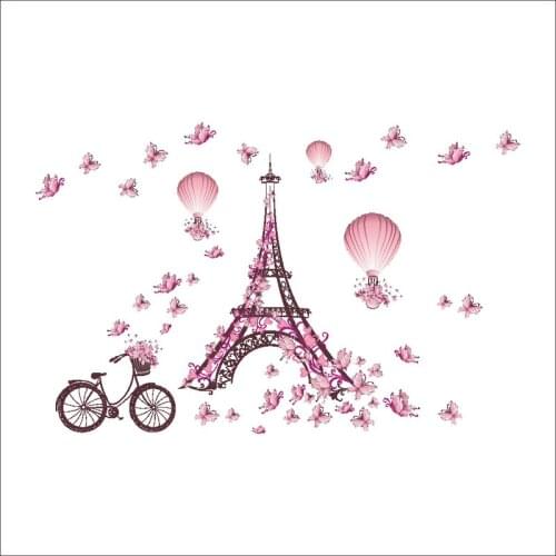 PVC removable Waterproof Parisian Tower Pink Buttererfly wall sticker for bedroom Living Room wedding party backdrop decoration