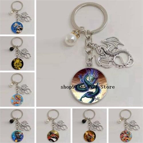 New Chinese Dragon Zodiac Dragon Keychain Glass Cabochon Keychain Mens Waist Button Car Key Chain Strap