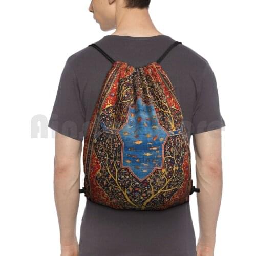 Sarouk Fereghan Persian Carpet Print Backpack Drawstring Bag Riding Climbing Gym Bag Rug Carpet Persian Ethnic Vintage