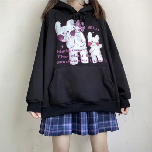 Autumn Winter Sweatshirt Harajuku Long Sleeve Women Hoodie Print Loose Anime Print Vintage Pullover Goth Punk Hip Hop Black Top