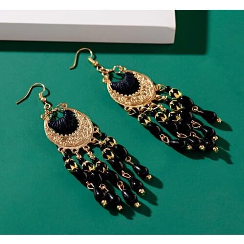 2019 Vintage Ethnic Bohemian White Beads Jhumka Earrings Geometric Metal Tassel Indian Earrings Tibetan Jewelry