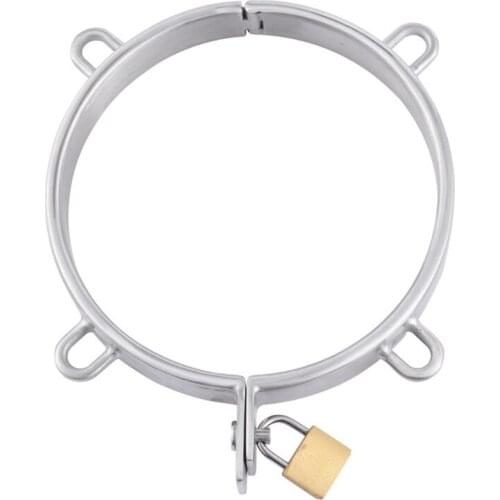 Lockable Stainless Steel Neck Cuff Collar With 4 Ring Restraint Bondage Locking Choking Ring Fetish Slave Sex Toys For Couples