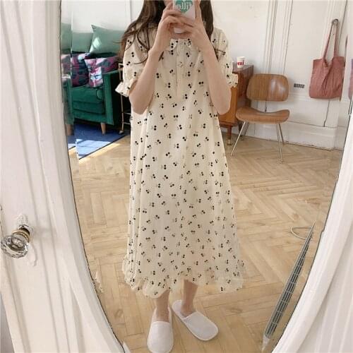 Women nightgown cherry sleepdress summer cherry dress homewear peter pan collar short sleeve summer homedress sleepwear Y531