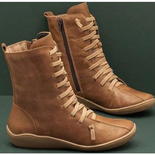 2021 New Women Boots Vintage Ankle Zipper Lace Up Ladies Retro PU Leather Shoes Woman High Top Boots Zapatos De Mujer Female