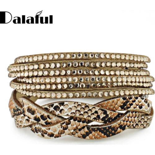Chic Jewelry Multilayer Braided Woven Bracelets Charm Crystal Leather Buttons Adjust Size Snake Chain Bracelets For Women S335