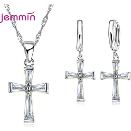 Wedding Bridal Geometric Cross Jewelry Sets 925 Sterling Silver Crystal Necklaces Piercing Delicate Drop Earrings For Women