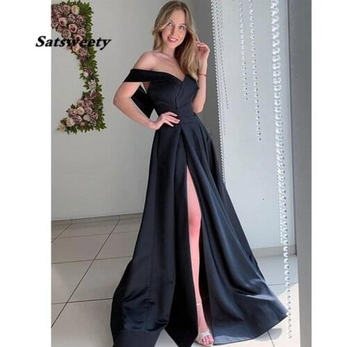 Black Satin High Slit Evening Dresses Elegant A Line Long Graduation Gowns Off the Shoulder Plus Size Women Prom Dress vestidos