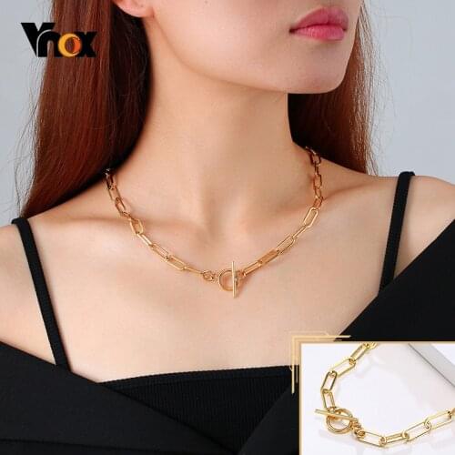 Vnox Women Rectangle Chain Necklaces,Gold Tone Stainless Steel Paperclip Link Choker with Toggle Clasp, Gifts for Her