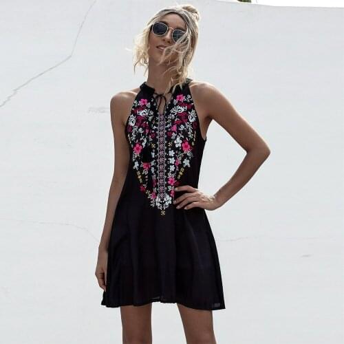 Indie Folk Sleeveless Sexy Halter Floral Dress Women Off Shoulder Casual Slim A-line Mini Dress Vintage Holiday Beach Sundress