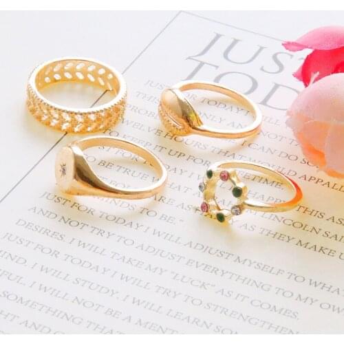 48 Pieces/Lot Gold Color Shell Hollow Star Crystal Rings Set For Women Rhinestone Round Circle Knuckle Midi Finger Ring Jewelry