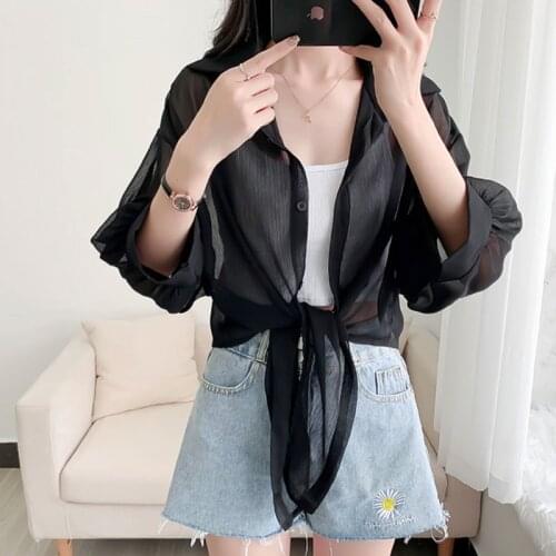 #8256 Summer Chiffon Shirt Women Sexy Sunscreen See Through Womens Tops And Blouses Thin Short Transparent Shirt Femme Solid