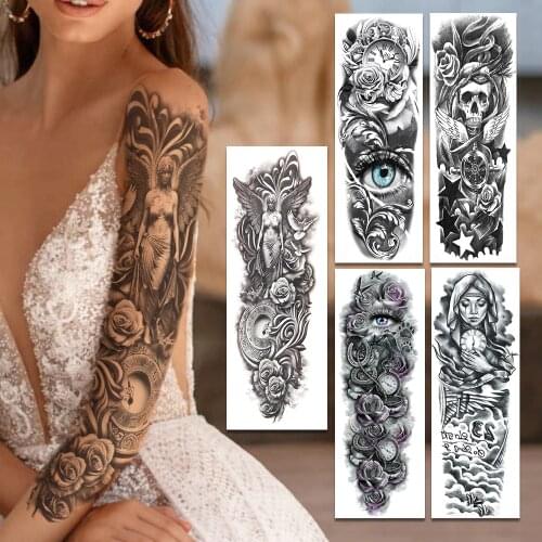 Large Angel Wings Full Arm Temporary Tattoos For Women Men Adult Clock Devil Eye Fake Tattoo Full Arm 3D Big Tatoo Sleeves