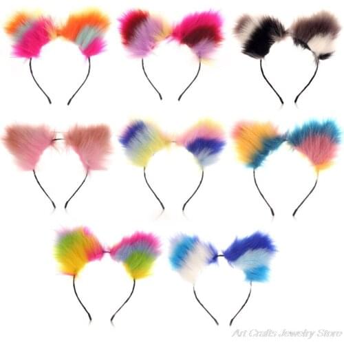 Rainbow Colorful Long Furry Cat Ears Headband Lolita Kawaii Anime Fluffy Animal Hair Hoop Holiday Cosplay Party Bandana M24 21