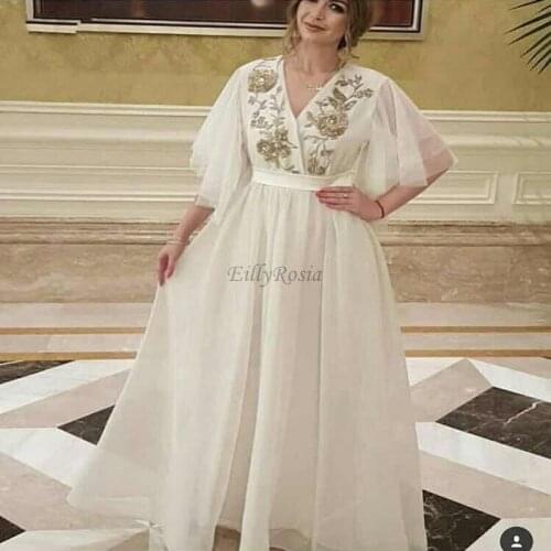 Ivory Elegant Prom Dresses Long Embroidery Appliques Half Sleeve Saudi Arabian Women Evening Gowns Mother of the Bride
