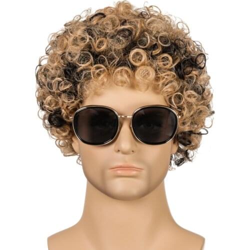 GURUILAGU Afro Kinky Curly Wigs for Men Ombre Black Brown Cosplay Wig Short Synthetic Wig for Male Natural Wig