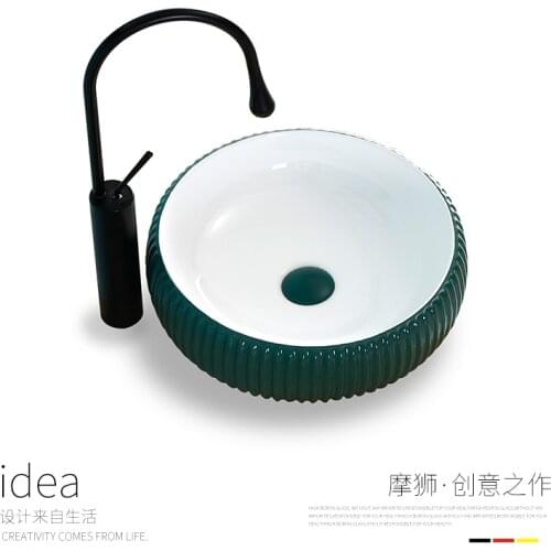 Ceramic Small Bathroom Washbasin Nordic Green Matte Round Above Counter Basin Carved Art Sink Green White Bowl Shampoo Sinks