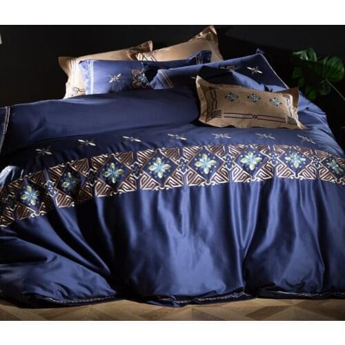 Blue 120S Egyptian Cotton Luxury Embroidery Royal Bedding Set 4/6pcs King Queen Wedding Bed Sheet set Duvet cover Pillowcase red