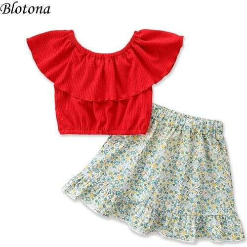 Blotona Sweet 2Pcs Kids Suit Set, Summer Solid Color Round Neck Flay Sleeve Tops+ Floral Print Midi Skirt for Girls, 1-6Years