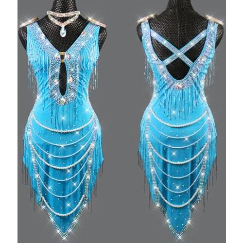 Latin Dance Competition Dress High-end Pearl Chain Performance Costume Dresses For Women/Girls Rhinestone Fringe Dress VDB2360