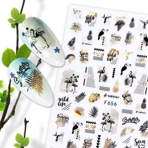 1 Pc Laser Black White Leaves Summer Design Transfer Decal 3D Holographic Nail Art Decals Stickers F654-661