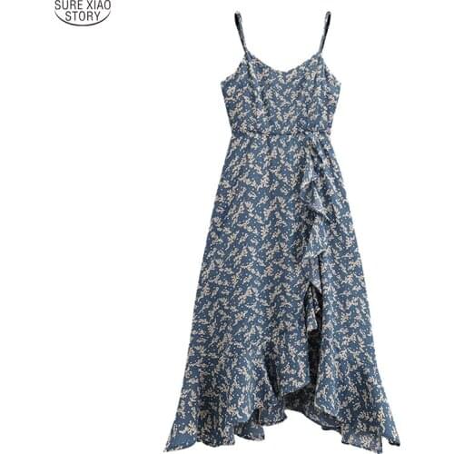 Summer Dress 2021 Sleeveless Floral Party Dress Ruffles Sexy Sling Beach Dresses Chiffon Fashion Women Clothing Robe Femme 15105