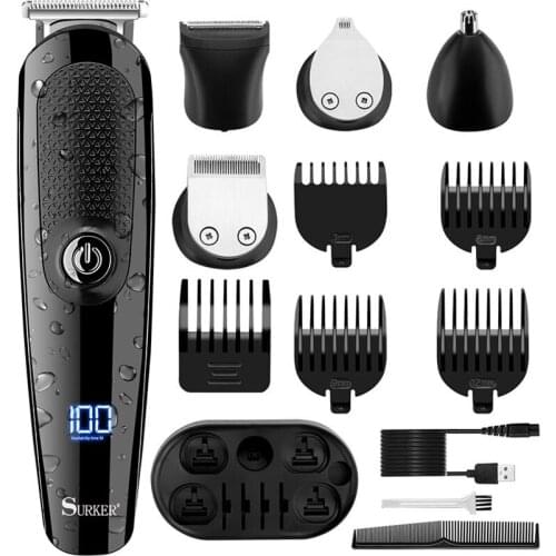 Surker hair trimmer USB rechargeable hair clipper 5 in 1 mens shaver beard nose hair trimmer carving LCD waterproof clipper