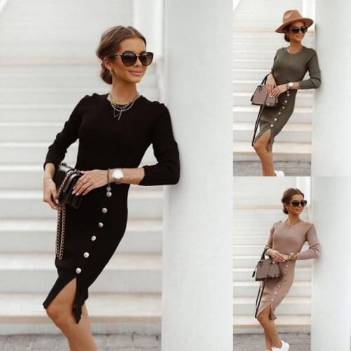 Fashion Long Sleeve Button Bodycon Dress Women 2021 Autumn Winter Black Knitted Vintage Office Dresses For Woman Robe Femme